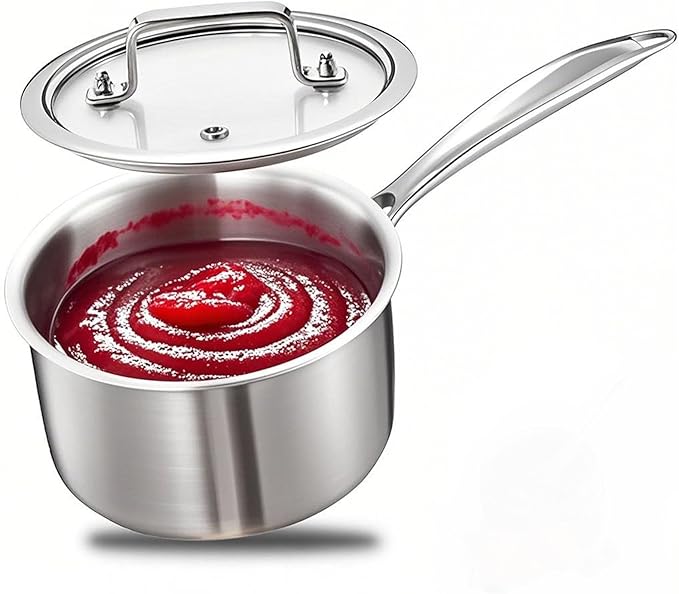 2.5 Quart Triple Stainless Steel Saucepan with Lid, Ramen Pot with Clear Glass Cover, Small Sauce Pan for Cooking Oatmeal, Induction-Ready, Dishwasher-Safe, Suitable for All Stoves