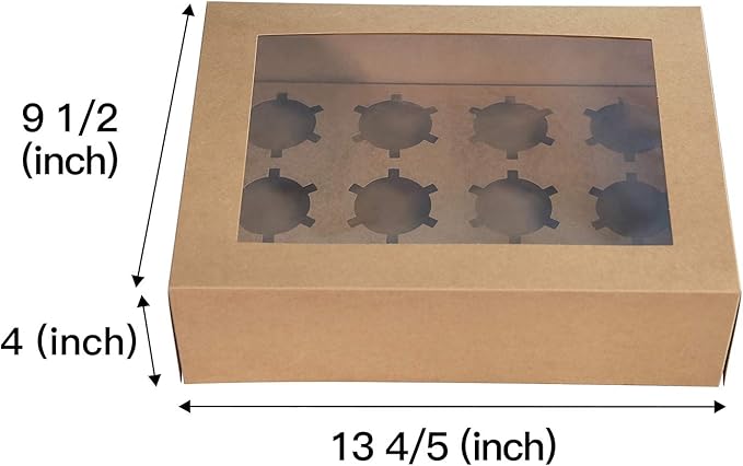 ONE MORE [20-Packs] Brown Cupcake Boxes 12 Holders, Cake Carrier Food Grade Kraft Pop-up Bakery Boxes 13.8 x 9.5 x 4inch with Inserts and PVC Windows Fits 12 Cavity Cupcake or Muffins Pack of 20