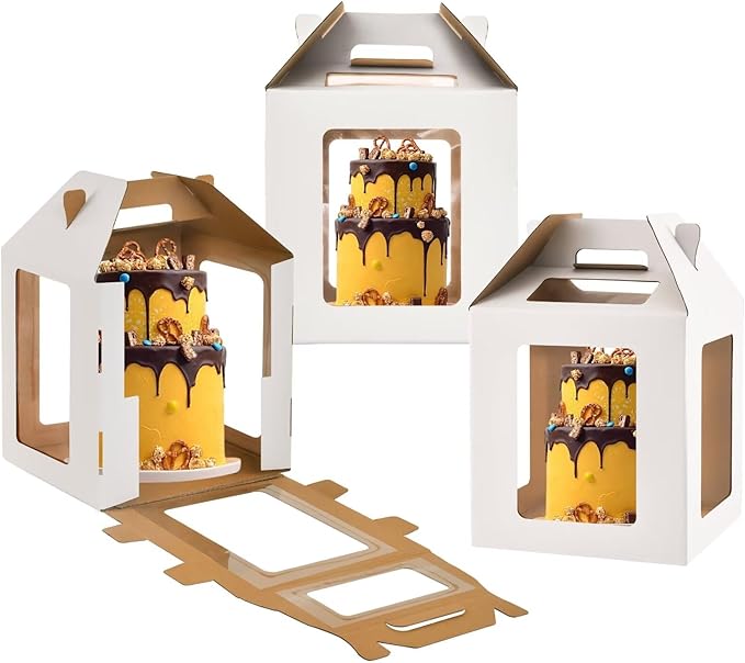 Tall Cake Boxes 6 Windows with handle,12x12x12 Tall Cake Carrier, Tiered Cake Box, Square cake box,largeTake Out Transport Containers Ideal for 10" & 12" Tiered Cakes (3Pack-White)