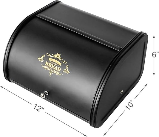 SOTECH Bread Box Vintage for Kitchen Food Grade Light-weight Metal Style Container for Storage Bin Countertop Keeper with Roll Top Farmhouse Rustic Holder Counter Black
