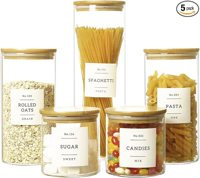 5 Pcs Glass Food Storage Containers With 132 Pantry Labels Preprinted - Thicken(3mm) Jars Airtight Bamboo Lid Stackable Kitchen Canisters Set For Candy, Cookie, Rice, Sugar, Flour