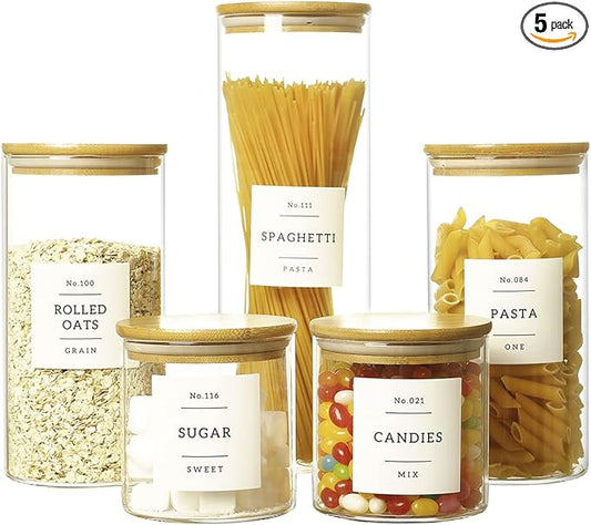 5 Pcs Glass Food Storage Containers With 132 Pantry Labels Preprinted - Thicken(3mm) Jars Airtight Bamboo Lid Stackable Kitchen Canisters Set For Candy, Cookie, Rice, Sugar, Flour