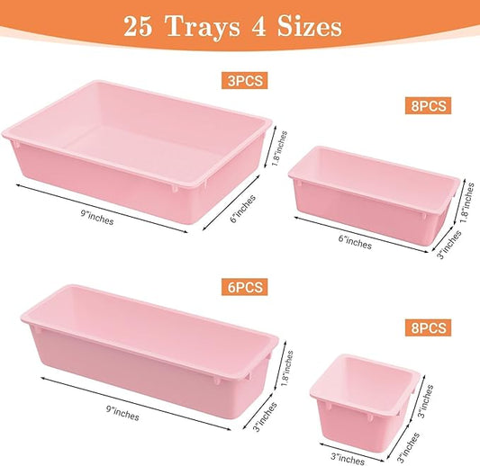 25 PCS Plastic Drawer Organizer Set, 4-Size Versatile Organizer Trays & storage Bins for Makeup, Jewelry, and Gadgets in Bathroom, Bedroom and Office, Pink