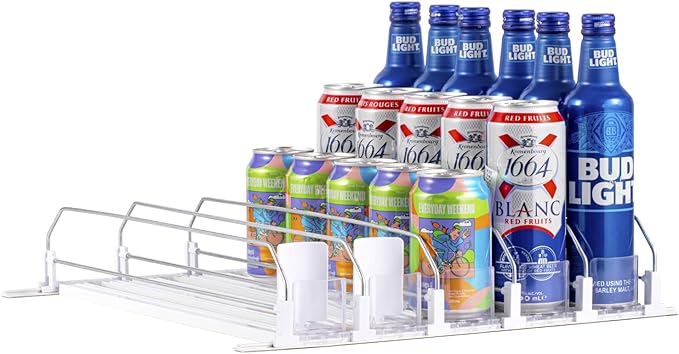 RULA Drink Organizer for Fridge, Self-Pushing Soda Can Dispenser for Refrigerator, Width Adjustable Beverage Pusher Glide - Holds up to 25 Cans (15" D, 5 Rows)