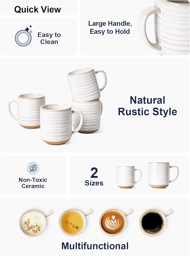 LE TAUCI Coffee Mugs 15 oz,Ceramic Mug Set, Coffee Cups for Latte, Hot Tea, Cappuccino, Mocha, Cocoa, Dishwasher Safe, Suit For Housewarming Wedding- 3.5 inch, Set of 4, Arctic White