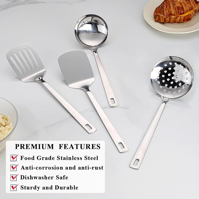 Stainless Steel Kitchen Utensils Set, 4-Piece – Slotted Turner, Solid Turner, Skimmer & Ladle – Rust-Resistant, Long Handle, Hanging Loop, Dishwasher Safe – Everyday Cooking & Serving
