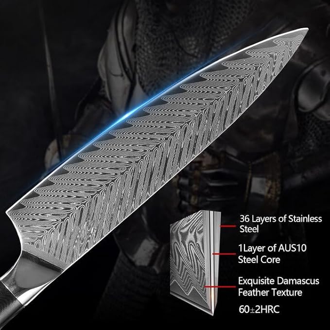 Arisman 8 Inch Chef Knife, Japanese Damascus Steel Chef Knife, Sharp VG10 Kitchen Slicing Knife with Feather Pattern Blade and Full Tang Ergonomic G10 Handle