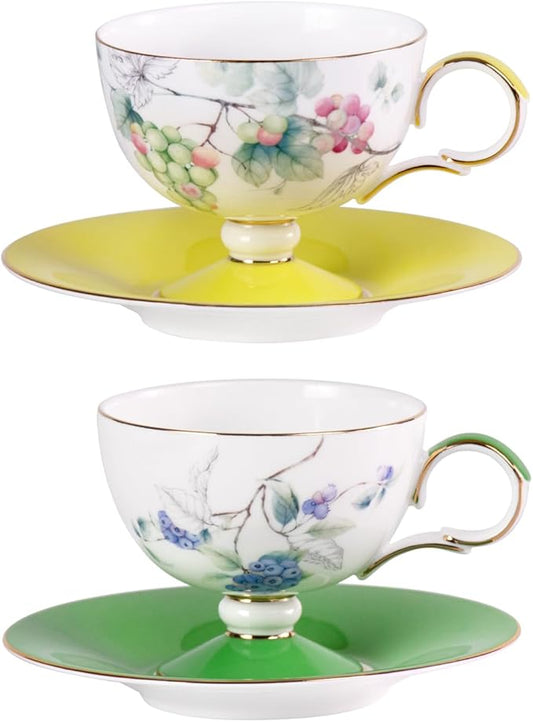 KAMMAK Ceramic Tea Cup and Saucer Set with Gold Trim, Grape & Blueberry Fruit Pattern, 220ml Elegant Bone China Coffee Cup with Yellow & Green Saucers for Afternoon Tea, Gift for Women