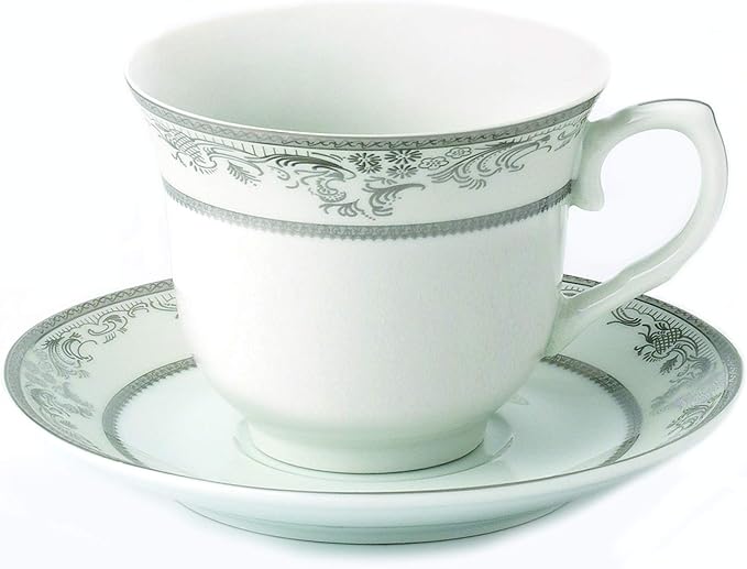 World Gifts Elegant Durable and Colorful Porcelain Tea-Coffee Cups and Saucers Set - Silver Floral, 8 oz. Set of 4
