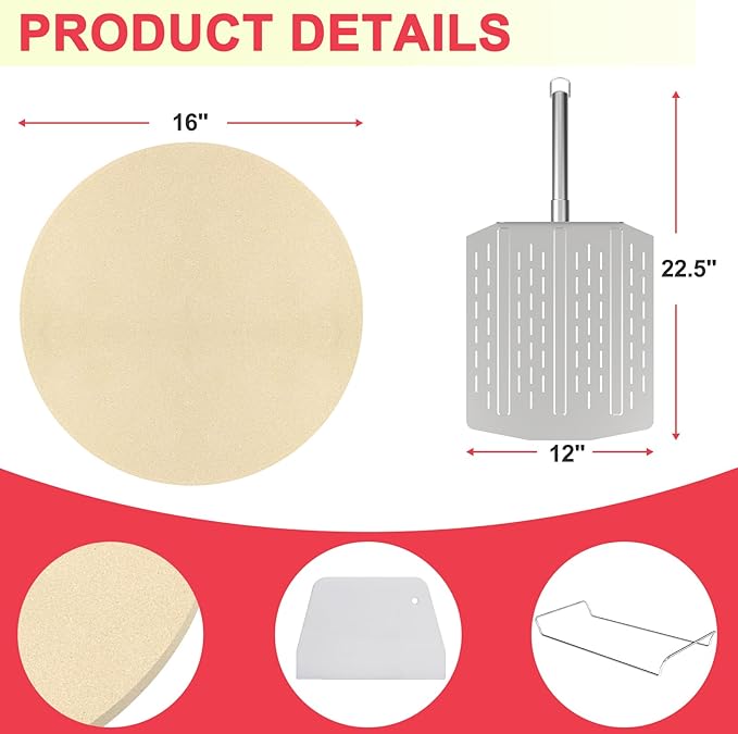 "DcYourHome 16 inch Round Pizza Stone with Rack for Oven, BBQ Grilling, Natural Cordierite Pizza Stone Kit with Pizza Peel & Plastic Scraper for Baking Bread, Universal High Temperature Baking Stone"