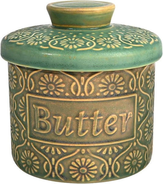Butter Crock, Ceramic French Butter Dish with Lid for Countertop, Butter Keeper with Water Line for Fresh Spreadable Butter (Vintage Green)