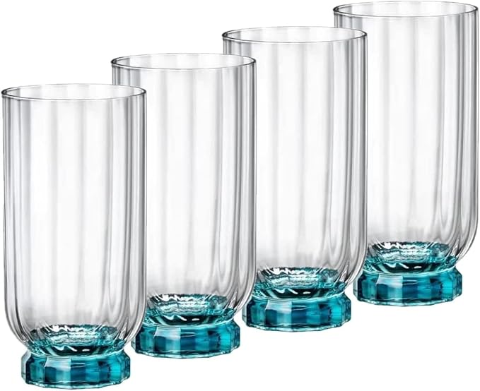Bormioli Rocco Florian 14.5 oz. Highball Cocktail Beverage Drinking Glasses, Lucent Blue, Set of 4