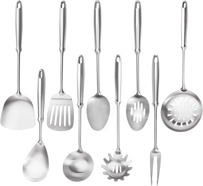 304 Stainless Steel Cooking Utensils Set, 9 PCS Metal Kitchen Utensils Set, Serving Spoon, Spaghetti Spoon, Skimmer, Meat Fork etc (Dishwasher Safe)