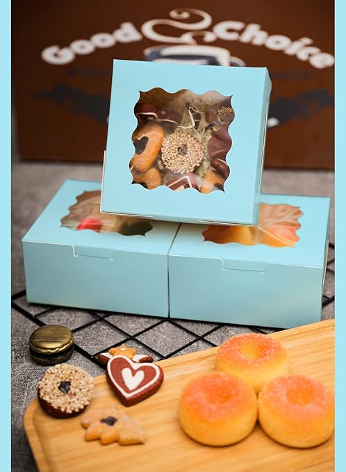 Bakepacker 60pcs Light Blue Bakery Boxes with Window 6x6x3 inches Thick & Sturdy Macaroon Pastry & Cookie Boxes