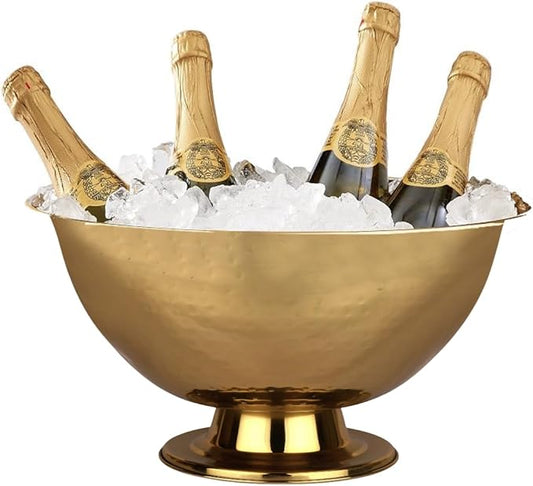 Cruiser’s Caché 16" Footed Champagne Bucket, Beverage Tub, Wine and Champagne Server, Stainless Steel with Gold Hammered Finish