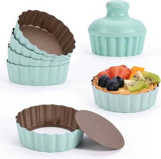 Mini Round Tart Pan with Removable Bottom, Nonstick Mini Pie Pans for Baking, Carbon Steel Quiche Pan Set for Cupcake Muffin Cakes and Desserts, Including 6 Tart Pan and 1 Tart Tamper (Green)
