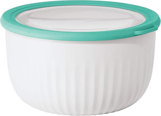 Oggi Prep, Store & Serve Plastic Bowl w/See-Thru Lid- Dishwasher, Microwave & Freezer Safe, (4 qt) White/Aqua
