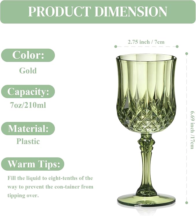 XUWAIDSGN 7oz Plastic Vintage Wine Glasses Drinking Glasses Unbreakable Wedding Glassware Crystal Water Goblets Reusable Drinkware Vintage Champagne Flutes (100, Dark Green)