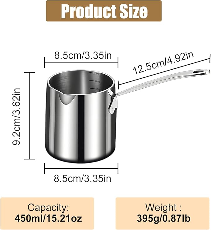 Stainless Steel Butter Warmer Pot with Scale Marks - 450ml/15.2oz Milk Heating Pot for Chocolate, Coffee, Tea - Multi-Layer Melting for Kitchen, Stovetop Safe(450ML)