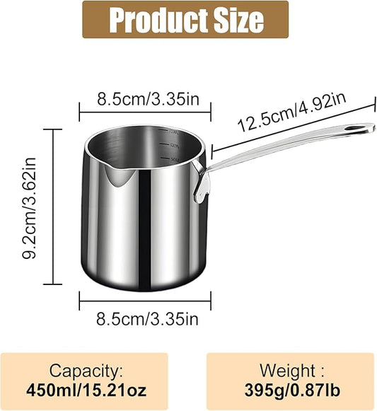 Stainless Steel Butter Warmer Pot with Scale Marks - 450ml/15.2oz Milk Heating Pot for Chocolate, Coffee, Tea - Multi-Layer Melting for Kitchen, Stovetop Safe(450ML)