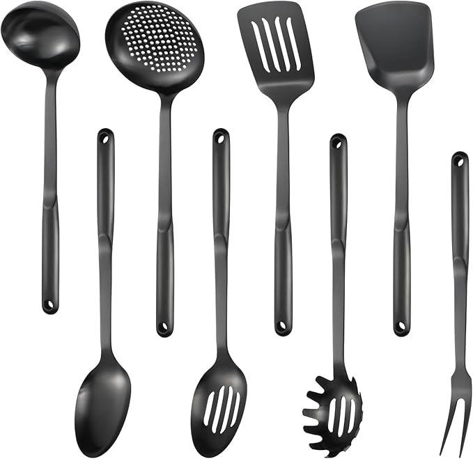 304 Stainless Steel Cooking Utensils Set, 8PCS Kitchen Utensils Set, Include Skimmer, Soup Ladle, Spaghetti Server, Wok Spatula, Slotted Spoon, Solid Spoon, Slotted Spatula Turner & Meat Fork, Black