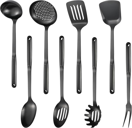 304 Stainless Steel Cooking Utensils Set, 8PCS Kitchen Utensils Set, Include Skimmer, Soup Ladle, Spaghetti Server, Wok Spatula, Slotted Spoon, Solid Spoon, Slotted Spatula Turner & Meat Fork, Black