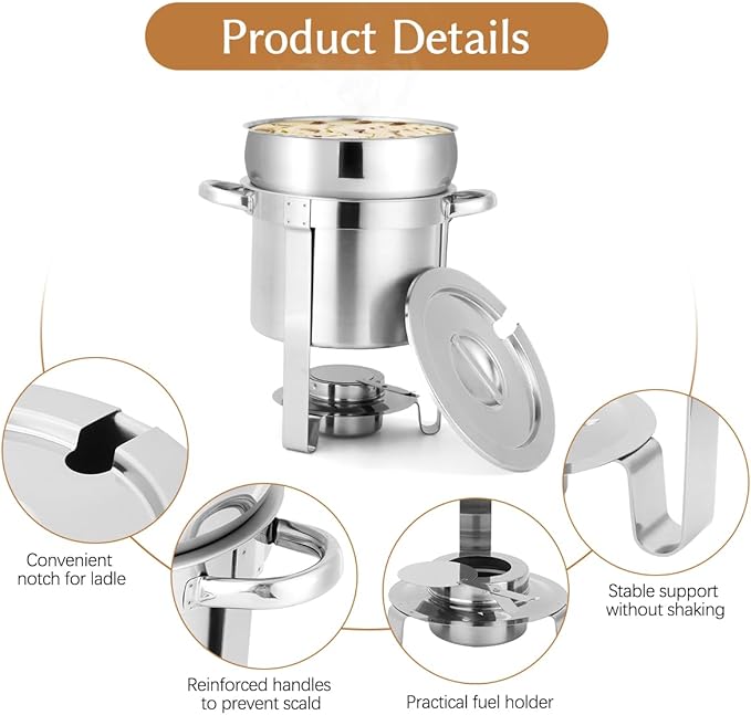 Snowtaros 7QT Soup Chafer, Stainless Steel Round Soup Warmer with Pot Lid & Fuel Holder, Commercial Soup Pot Chafing Dish for Catering, Parties, Banquets, Events (2 Pack)