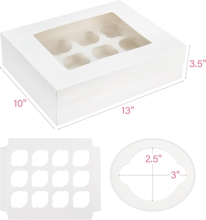 LotFancy Cupcake Boxes 12 Count, 8 Pack, Pre-Folded Cupcake Carrier with Window Holding 96 Cupcakes, Food Grade Cupcake Holders, Disposable Pastry Boxes for Birthday Holiday Party, White