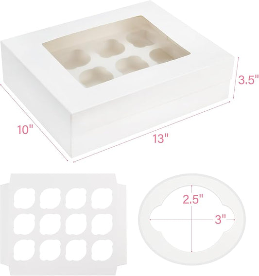 LotFancy Cupcake Boxes 12 Count, 8 Pack, Pre-Folded Cupcake Carrier with Window Holding 96 Cupcakes, Food Grade Cupcake Holders, Disposable Pastry Boxes for Birthday Holiday Party, White