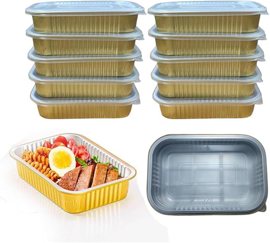 Aluminum Foil Pans with lids 10pack Heavy Duty 2LB Small foil pan 8.5"×6" Disposable, For Microwave & Oven Safe Cooking,Baking,A takeaway food container,Gold