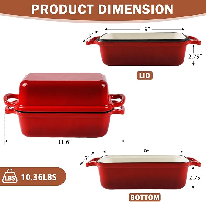 9 x 5 Inch Bread Pan Enameled Cast Iron Loaf Pan with Lid for Baking, 2 in 1 Non-stick Sourdough Bread Loaf Pan for Homemade Bread, Oven & Stovetop Safe for Gas, Electric & Induction, Red