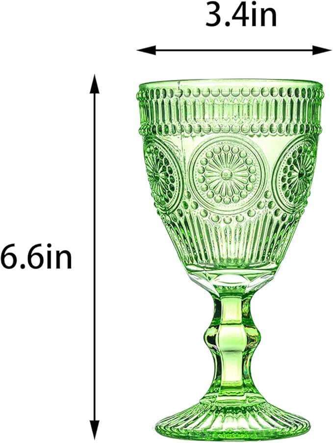 Green Vintage Wine Glasses Set of 6, 10 Ounces Colored Glass Water Goblets, Unique Floral Embossed Pattern High Clear Stemmed Glassware Wedding Party Bar Drinking Cups Fancy Glasses Hand Wash Only