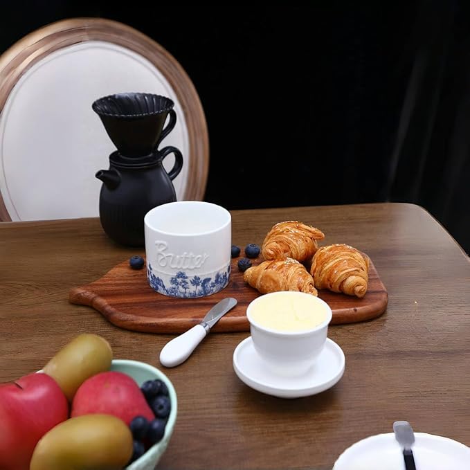 Butter Crock with Lid, French Butter Dish with Water Line for Countertop, Ceramic Butter Keeper for Spreadable Butter, Container Holder for Kitchen and Home Decor, 6.7 OZ, Forest Blue