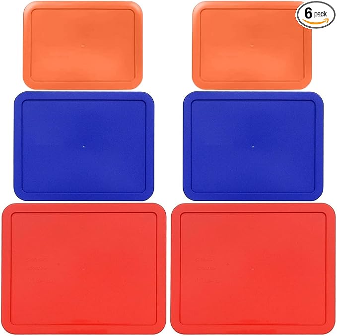 3, 6 & 11 Cup Orange, Blue, Red Replacement Lids/Covers for Pyrex, Anchor Hocking & KlareWare Storage Bowls *Lids Only Glass Container Not Included* (6 Pack *Two of Each Size*)