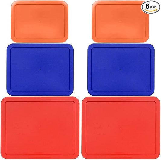 3, 6 & 11 Cup Orange, Blue, Red Replacement Lids/Covers for Pyrex, Anchor Hocking & KlareWare Storage Bowls *Lids Only Glass Container Not Included* (6 Pack *Two of Each Size*)