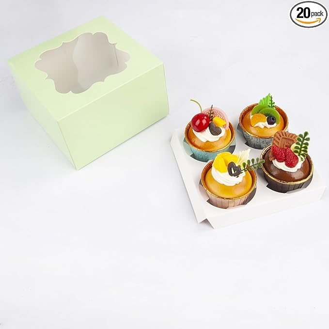 20 PCS 6.5 x 6.5 x 4 inch Paper, Cupcake Boxes with Inserts and Window Hold 4 Cupcakes, Bakery Boxes For Cupcakes Carrier, Cupcake Containers (Cyan-4 Holes)
