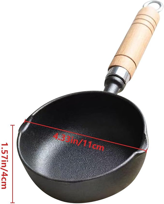 Cast Iron Melting Pot, 4.3 inch Mini Egg Frying Pan Oil Heating Pan Milk Butter Warmer Pot with Wood Handle for Home Kitchen