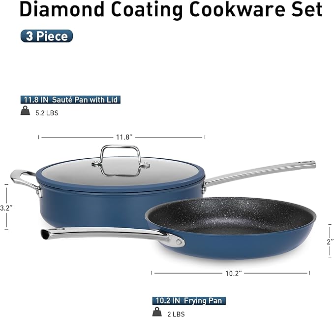 MAISON ARTS Nonstick Frying Pans Set 3 Piece, 12" Deep Saute Pan with Lid and 10" Fry Skillet, Induction Cookware Sets with Plasma Titanium Coating