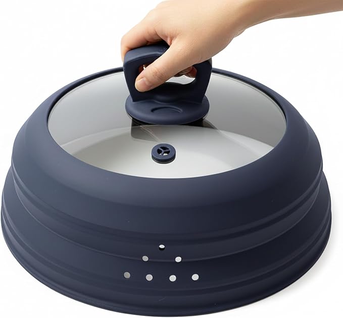 Microwave Splatter Cover Glass 10.5 Inch Microwave Cover for Food with Handle Collapsible Silicone Microwave Cover with Steam Vent for Pot Plate Bowl (Grey)