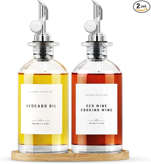 Olive Oil Dispenser Bottle Set with Bamboo Tray, Silver Classic Oil Dispenser, 2 x 350ML Glass Bottles, Weighted Metal Pourers, Kitchen Storage & Dispensing