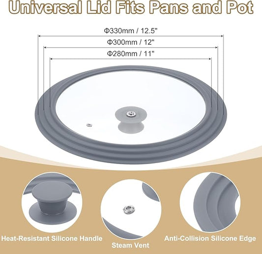uxcell 1Pcs Universal Lid for Pot Fit 11, 12, 12.5 Inch Diameter Cookware, Replacement Pan Lids with Heat Resistant Silicone Rim, Steam Vent Pan Lid for Pots, Frying Pans, Skillets, Gray