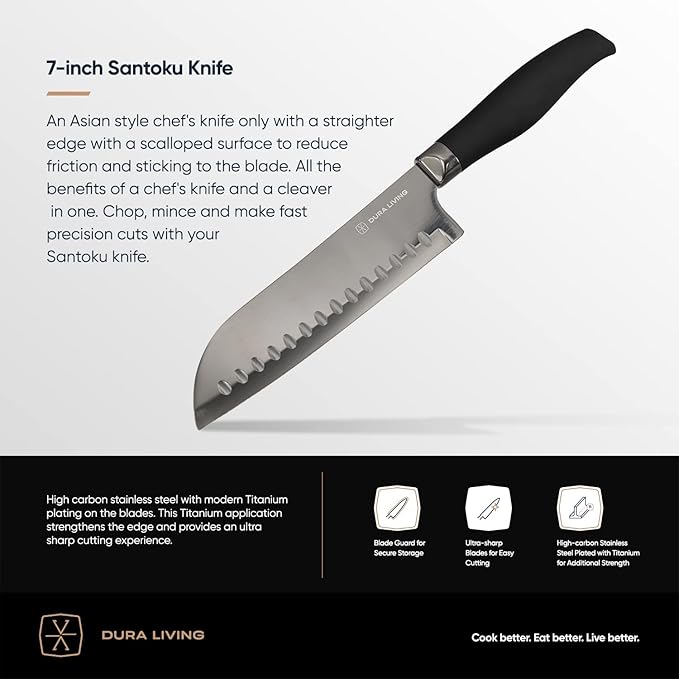 Santoku Knife - 7 Inch Black Nonstick Titanium Plated Stainless Steel Ultra Sharp Blade, With Ergonomic Comfort Grip Handle Asian Chef's Knife, With Matching Sheath