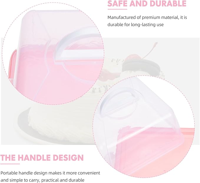 VICASKY 8'' Square Cake Box Portable Dessert carrier, plastic Bread with Handle, small Clear Packing Container for Transparent Carrier Lid Storage Desserts Handle-attached Server 8-inch Pink