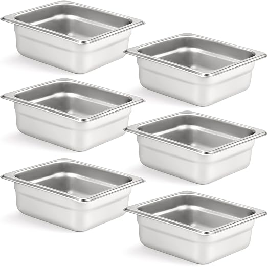 CURTA 6 Pack Anti-Jam Hotel Pans, 1/6 Size 2 1/2 Inch Deep, NSF Commercial 18/8 Stainless Steel Chafing Steam Table Pan, Catering Storage Metal Food Pan