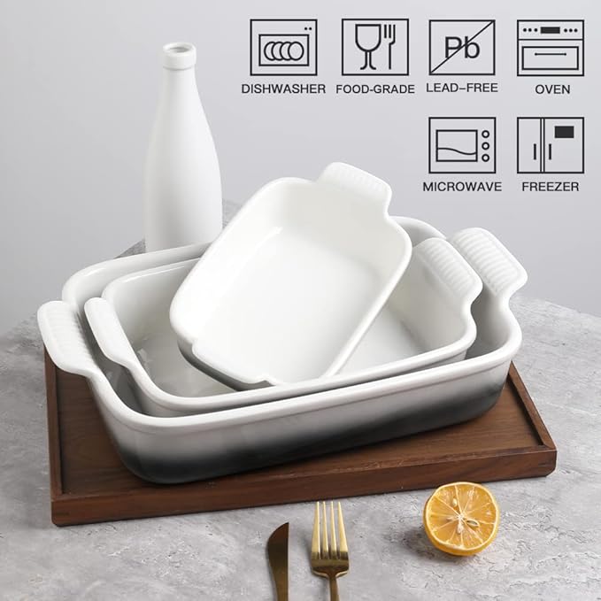 Sweejar Baking Pans Set, Ceramic 9x13 Baking Dish with Handle, Rectangular Casserole Dishes for Oven, Bakeware Sets of 3, Durable Lasagna Pan Deep for Kitchen, Banquet, Wedding Gift(Gradient Gray)