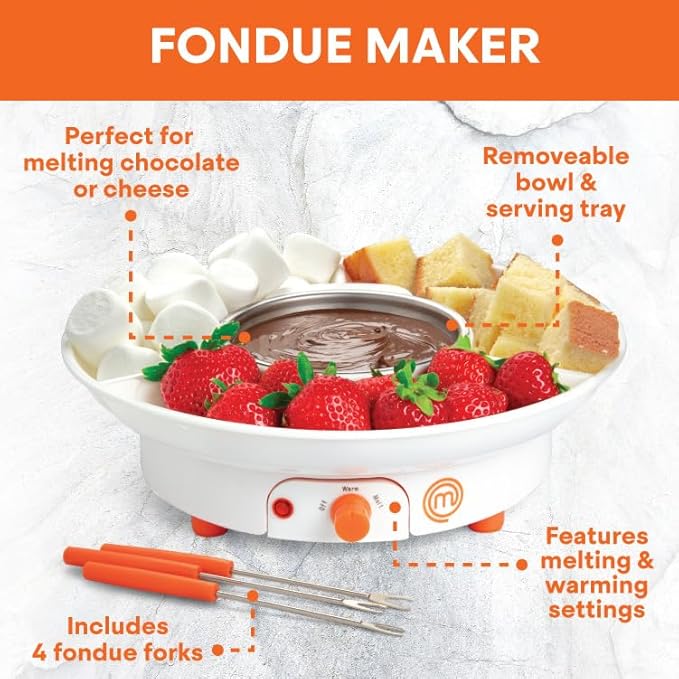 MasterChef Chocolate Fondue Maker- Halloween Candy Bar Melter, Spooky Charcuterie Must Have- Electric Dessert Fondue Pot Set w 4 Forks & Party Serving Tray- Melt, Warm Settings for Caramel & Cheese
