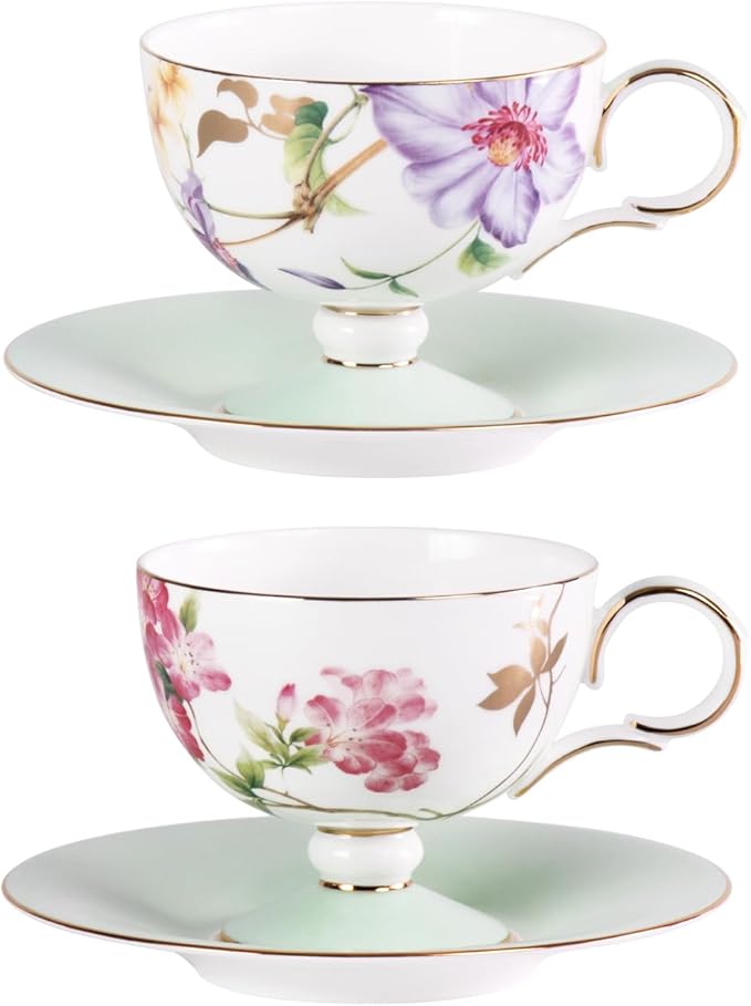 KAMMAK Ceramic Tea Cup and Saucer Set with Gold Trim, Passionflower & Crabapple Blossom Pattern, 220ml Elegant Bone China Coffee Cup with Mint Green Saucer for Afternoon Tea, Gift for Women