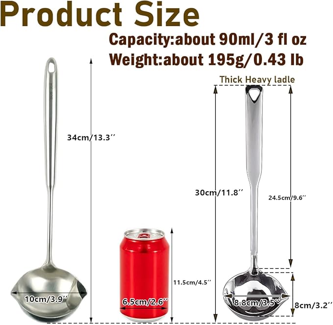 Soup Ladle,SUS 304 Stainless Steel Heavy Duty Ladle with Pour Spout,Kitchen Cooking Serving for Soups,Gravy,Canning,Stews,Heavy,Dishwasher safe 11.8 inch (1Pack)