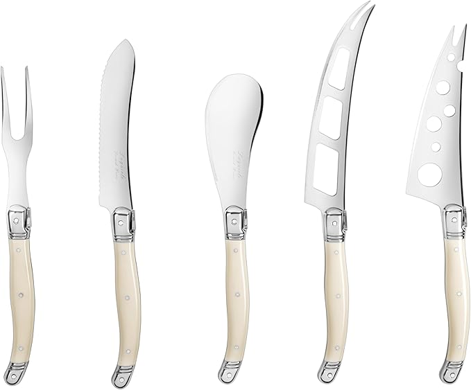 French Home 5-Piece Artisan Cheese Knife Set – Versatile Cheese Knives Set with Three-Rivet Ivory-Colored Handles & Iconic Bee Emblem – Sophisticated Charcuterie Board Accessories