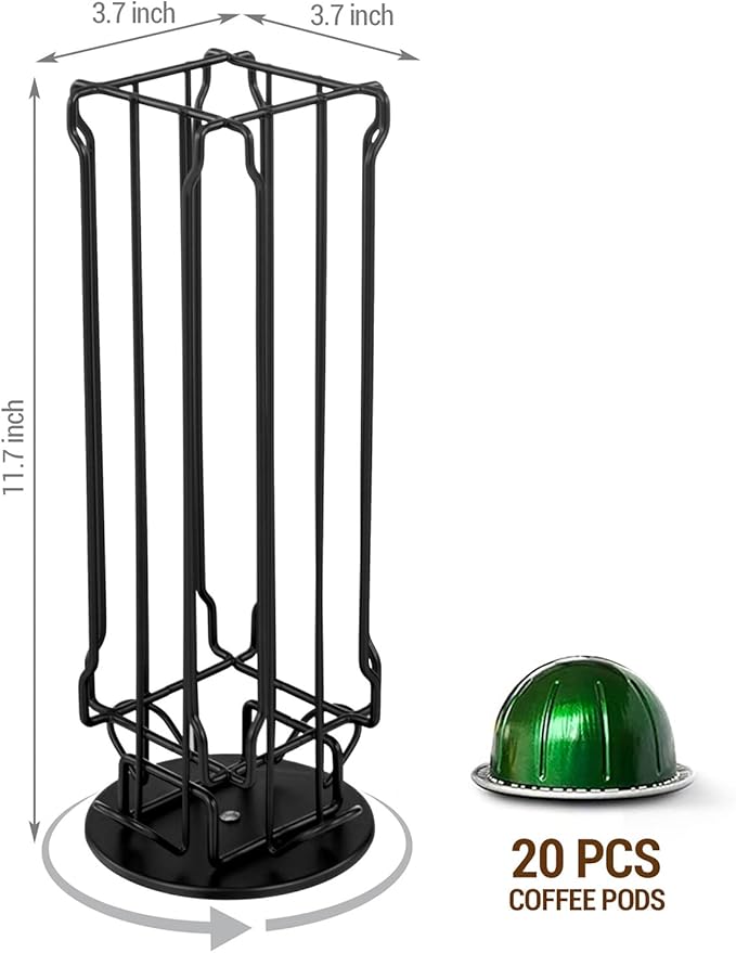 MyGift Black Metal Coffee Pod Capsule Holder Stand Rotating Carousel, Compatible with Vertuoline Pod, Coffee Bar Organizer Rack - Holds 20 Capsules
